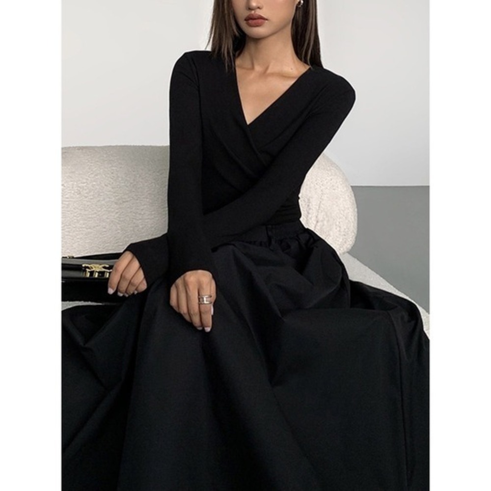 Commense Black Long Sleeve Wrap Maxi Dress